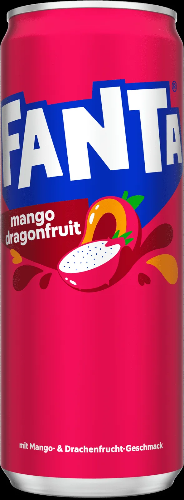 Einzeldose Fanta Mango & Drachenfrucht im Detail, zeigt die lebendige pinke Farbe des Erfrischungsgetränks.