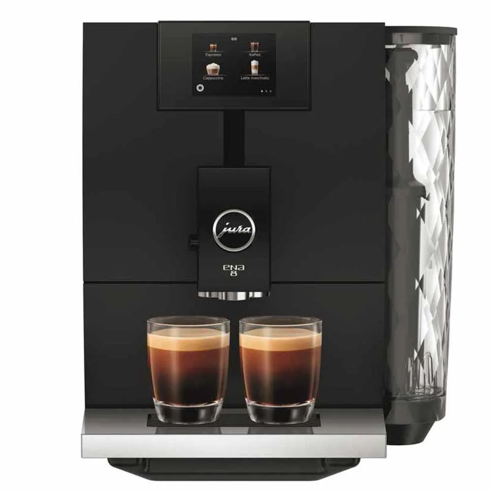 Eleganter Jura ENA 8 Touch Kaffeevollautomat in Metropolitan Black, perfekt für Espressoliebhaber in kleinen Haushalten