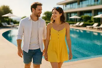 Entspannung pur: Ein Paar genießt den Außenpool eines Wellnesshotels im Bayerischen Wald