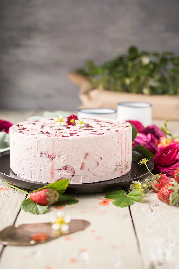 Erdbeer Joghurt Quark Sahne Torte mit frischen Erdbeeren und cremiger Füllung, perfekt für den Sommer