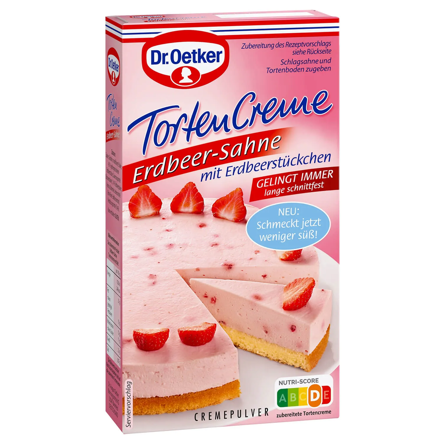 Erdbeer Sahne Torte Zutaten: Dr. Oetker Tortencreme Packung mit frischen Erdbeeren und Sahne