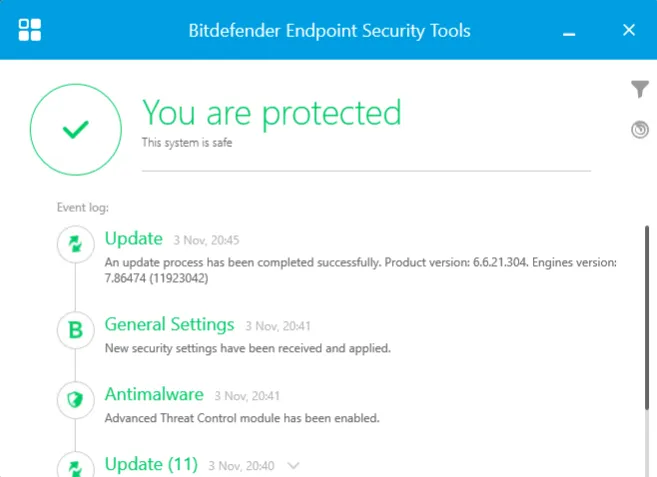 Erfolgreich installierte Bitdefender Endpoint Security Tools-Oberfläche, die den Status 'Verbunden' und 'Geschützt' anzeigt, nach der Anwendung des Workarounds mit der `epskit_x64.exe`.