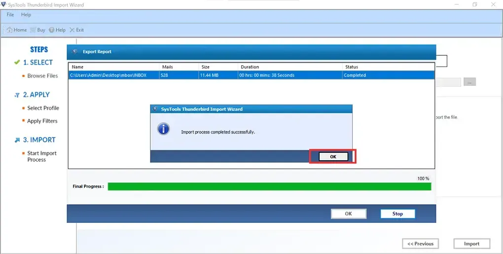 Erfolgreiche Meldung nach abgeschlossenem Importvorgang