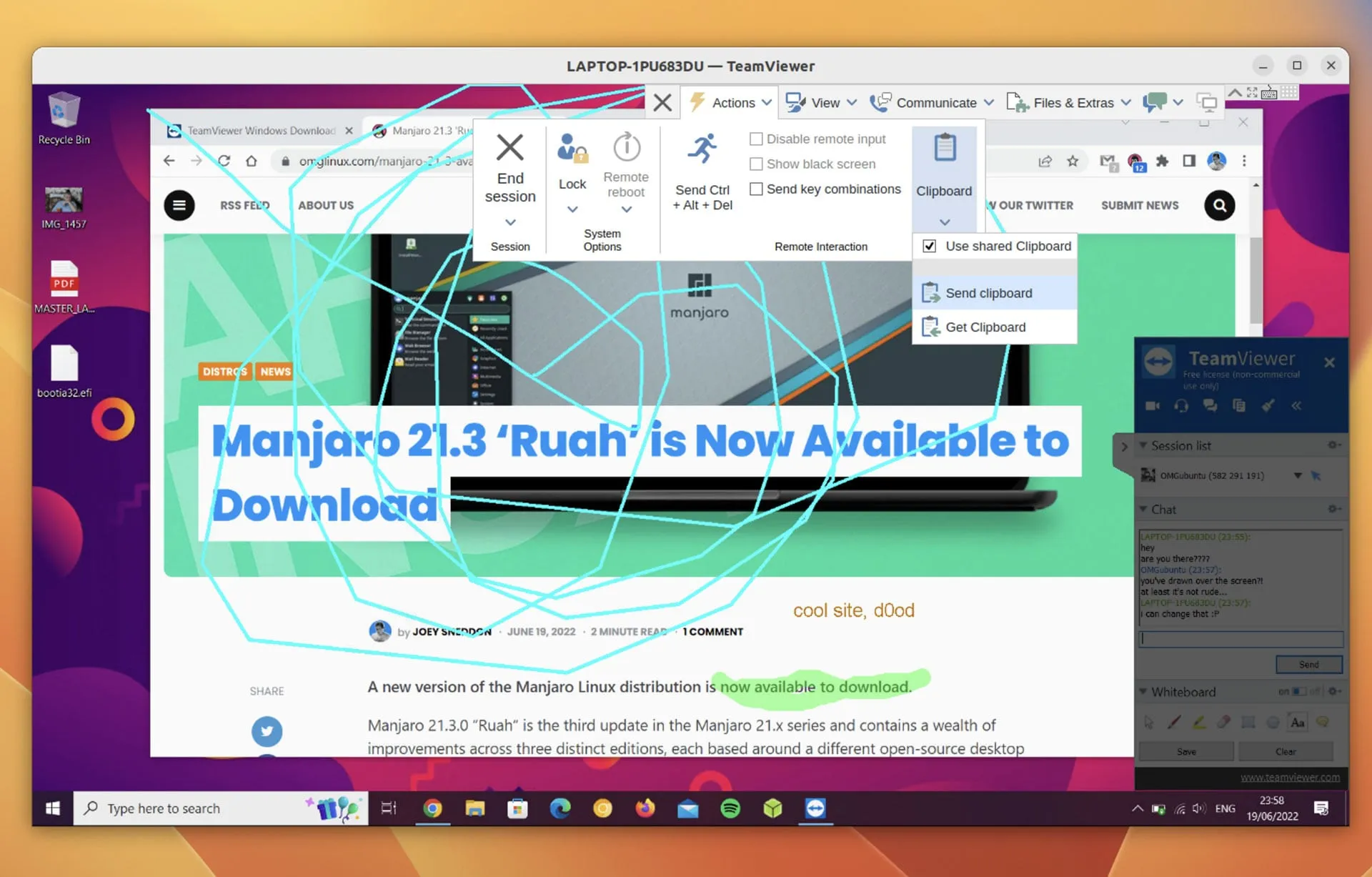 Erfolgreicher TeamViewer Fernzugriff von Ubuntu auf ein verbundenes Windows 10 System.