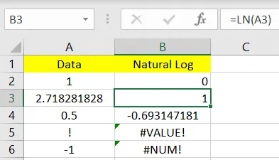 Ergebnis der LN-Funktion für die Eulersche Zahl e in Excel