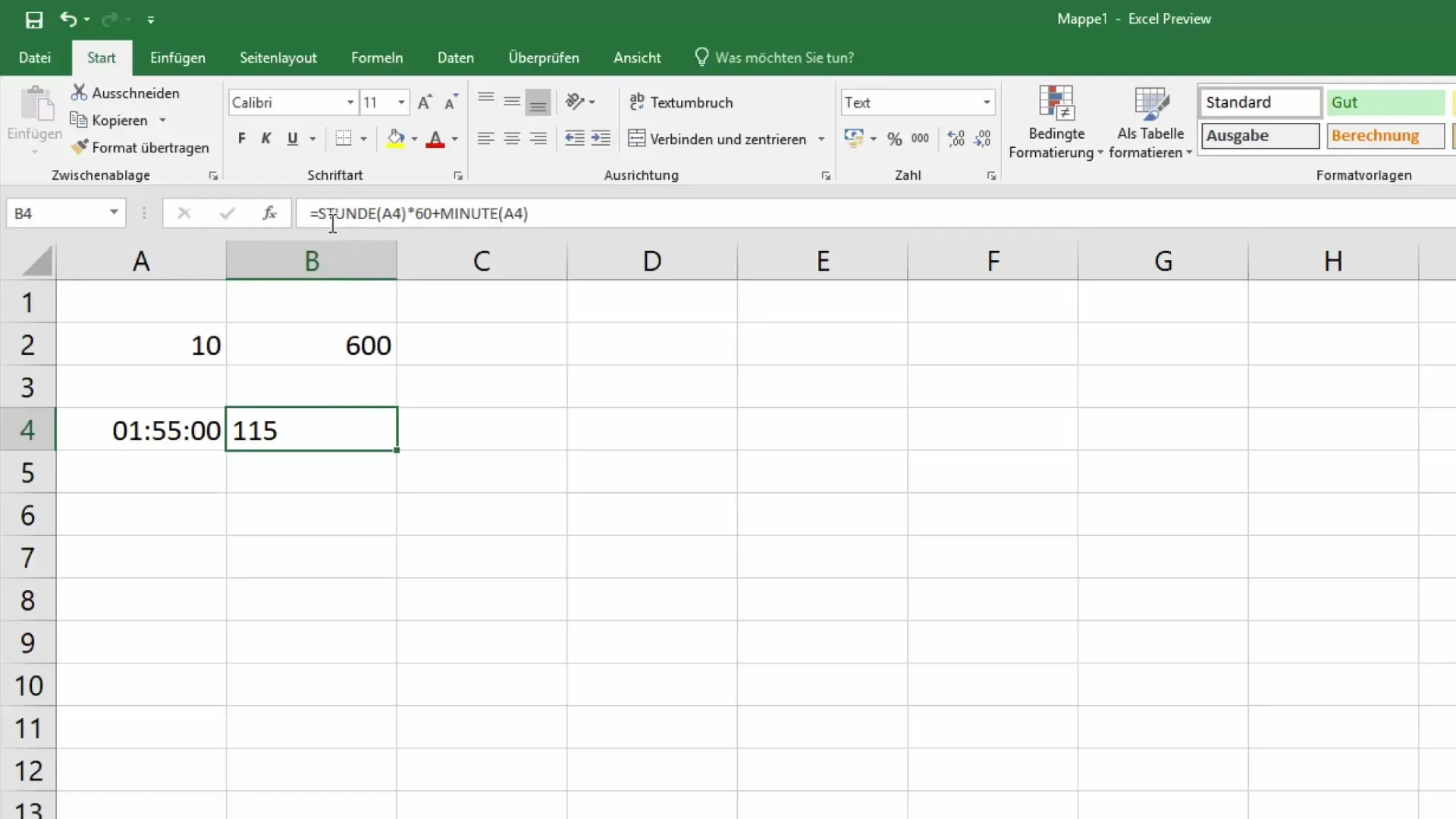 Ergebnisse der Zeitumrechnung in Excel für verschiedene Formate