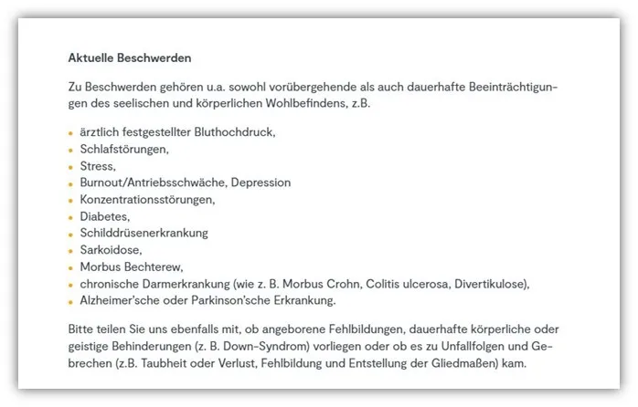 Erläuterungen zu den aktuellen Beschwerden in den HUK24 Gesundheitsfragen