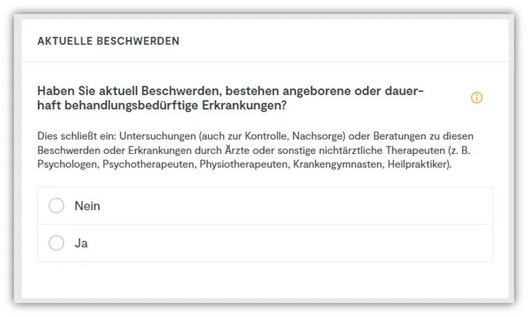 Erste Ansicht der Gesundheitsfragen bei HUK24 Risikolebensversicherung
