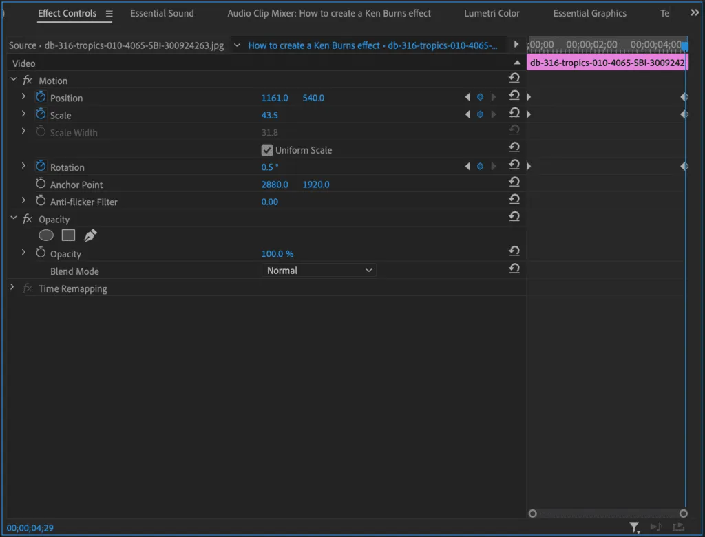 Erste Keyframes für Ken Burns Effekt in Premiere Pro setzen