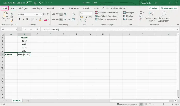 Erster Schritt zur Überprüfung der Excel-Voreinstellungen über das Menü "Datei"