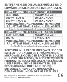 Erwärmungsangaben für die Erwärmung in der Mikrowelle oder im Elektro-Backofen