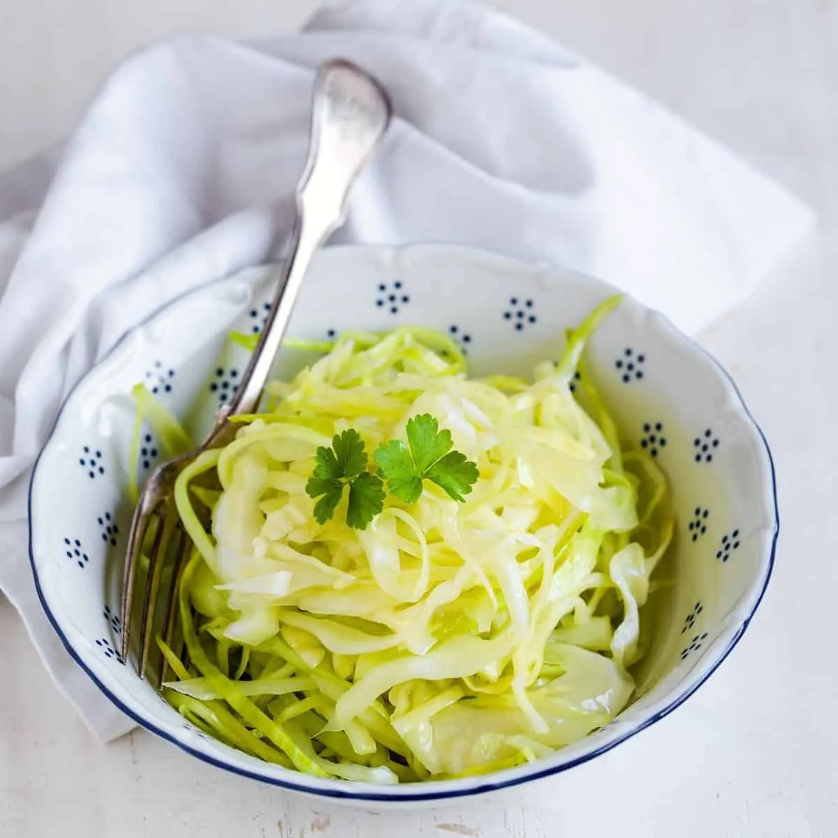 Essigbasierter Krautsalat (ohne Mayo) in einer Schüssel serviert.