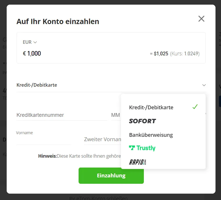 eToro - Einzahlung tätigen - Auswahl der Zahlungsmethode