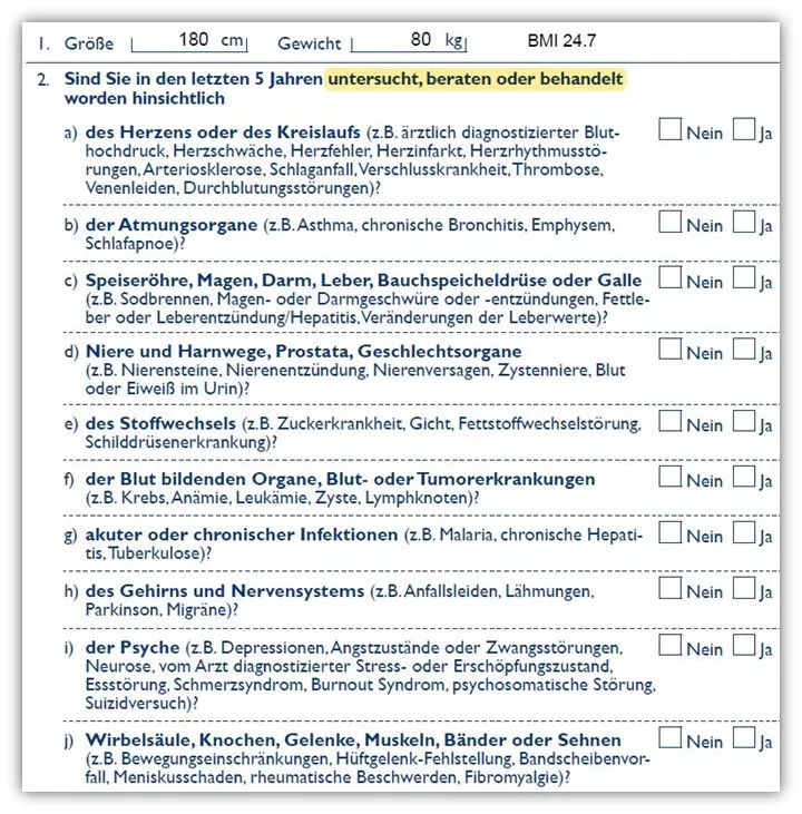 Europa Risikolebensversicherung Gesundheitsfragen