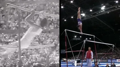 Evolution der Stufenbarren-Übung: eine einfache Pendelbewegung von einst im Kontrast zu einer modernen Übung mit spektakulären Flugteilen und Holmwechseln.