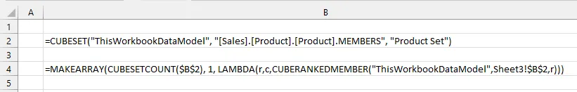 Excel-Arbeitsblatt zeigt die MAKEARRAY-Formel in Zelle B4, die dynamisch alle Produkte aus dem CUBESET in Zelle B2 auflistet