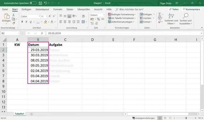 Excel-Funktion zur Anzeige der Kalenderwoche