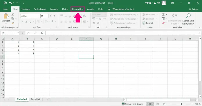 Excel-Menüband mit dem Reiter "Überprüfen" und den Optionen "Blattschutz aufheben" und "Mappenschutz"