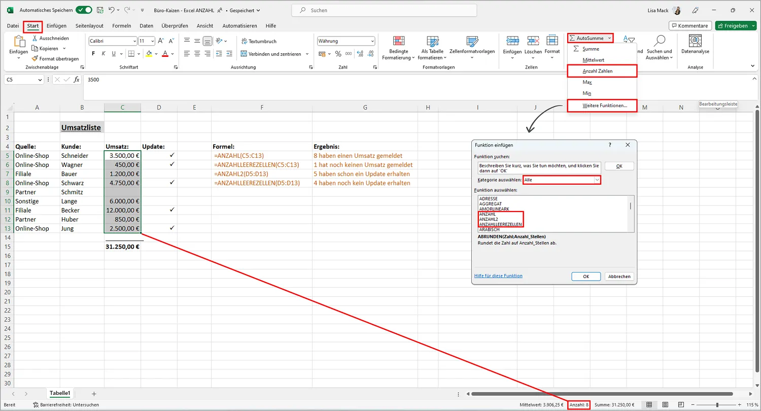 Excel-Menüband mit hervorgehobener Funktion ANZAHL2 zum automatischen Zählen von Zellen in der Statusleiste