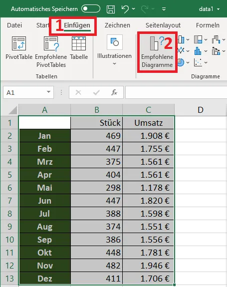 Excel-Menüband: Reiter &quot;Einfügen&quot; und &quot;Empfohlene Diagramme&quot; auswählen