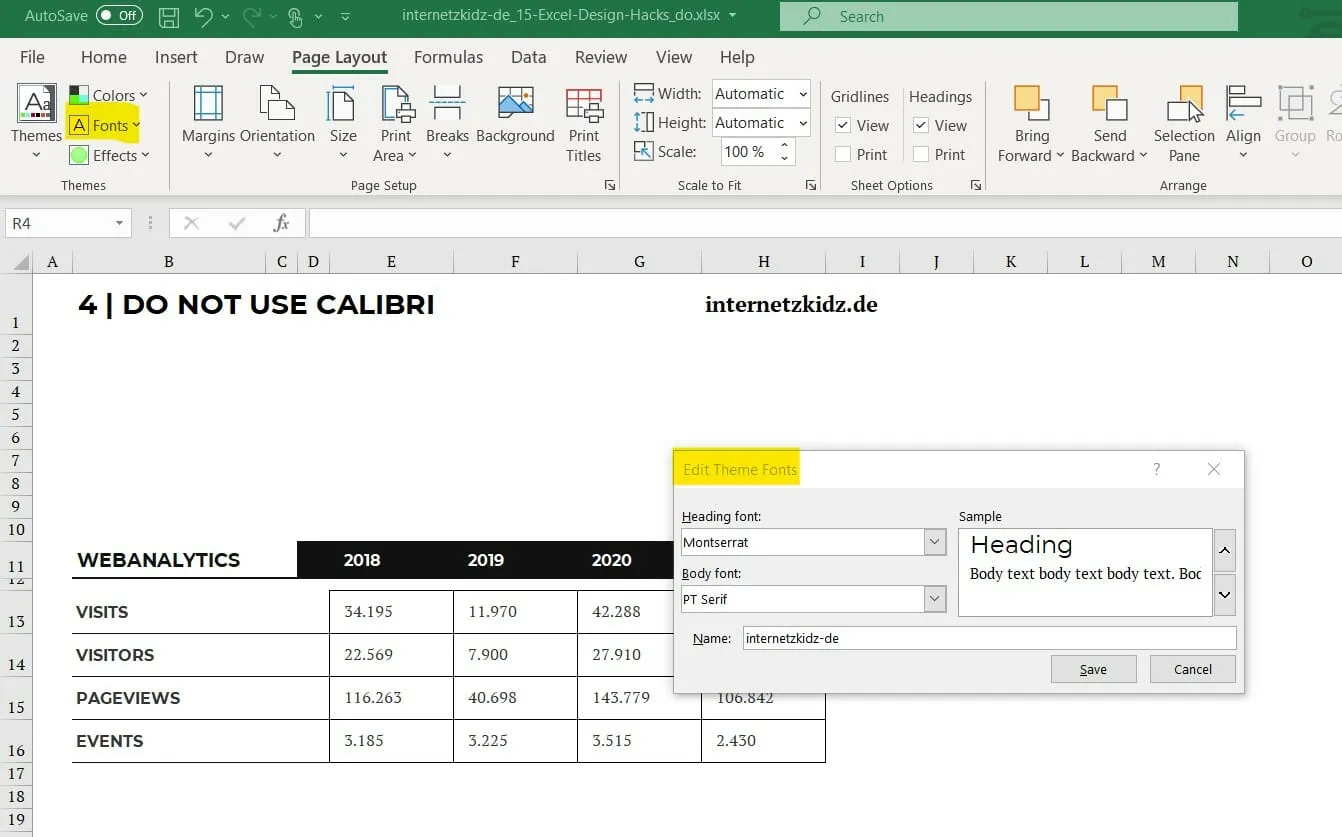 Excel Schriftarten Menü zur individuellen Gestaltung