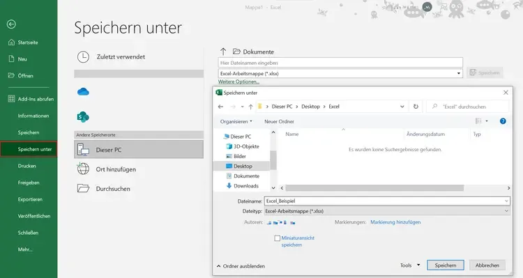 Excel-Speicherfenster "Speichern unter" mit hervorgehobener Dateiregisterkarte