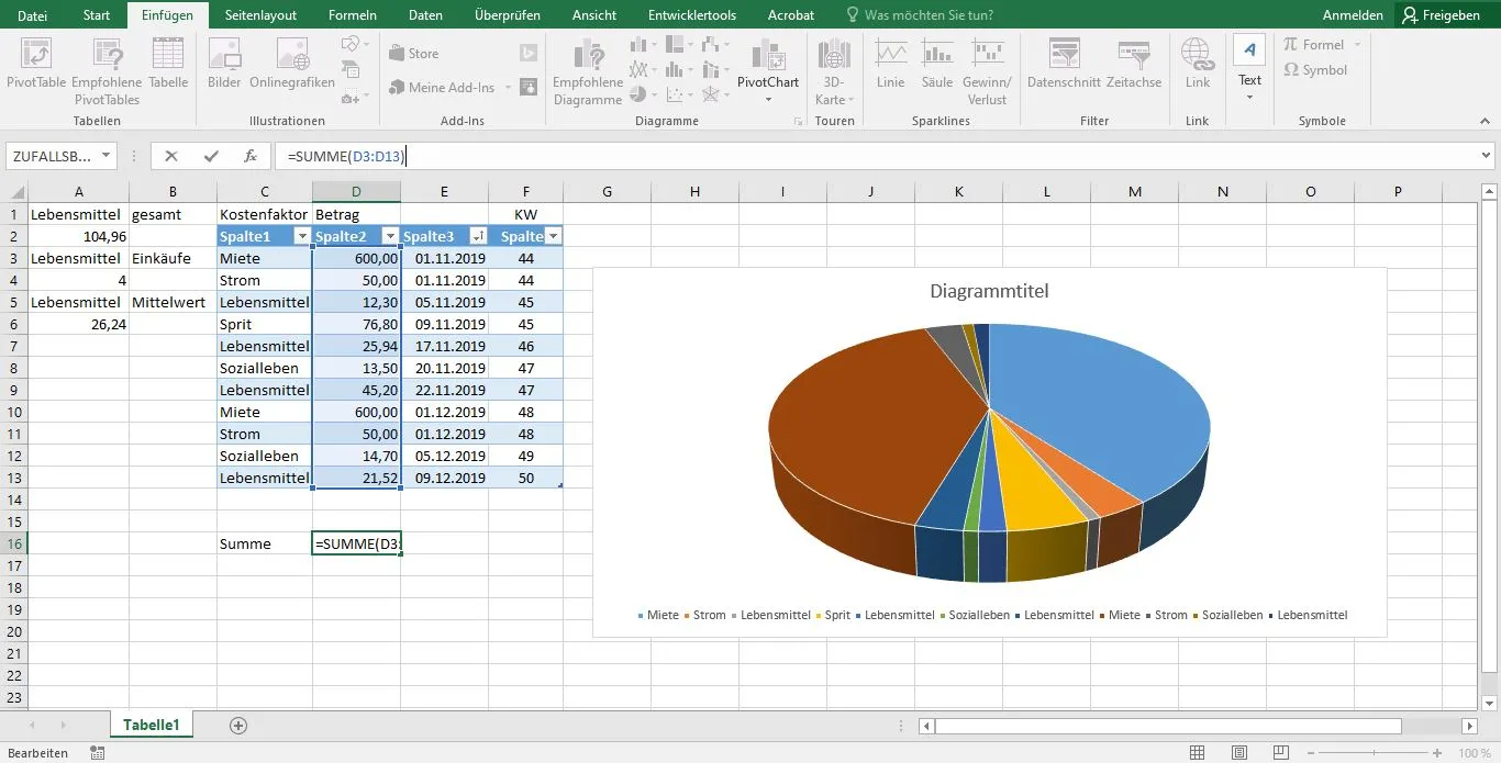 Excel SUMME-Funktion in der Zelle und als Autosumme