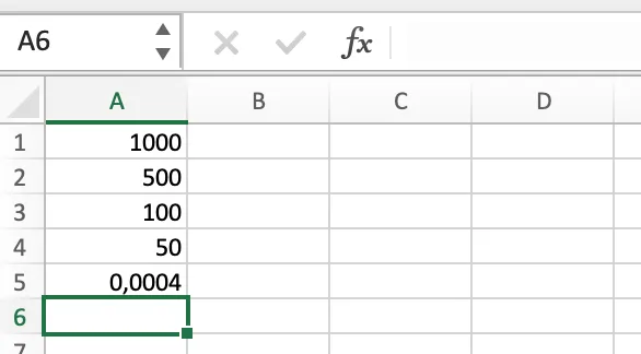 Excel-Tabelle, die eine komplexe Division mehrerer Zellen zeigt.