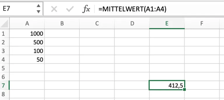 Excel-Tabelle zeigt die MITTELWERT-Funktion zur Berechnung des Durchschnitts von Zahlen.