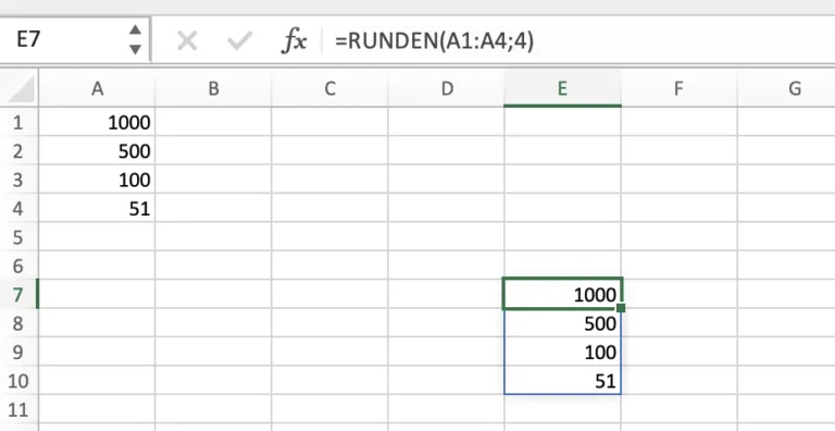 Excel-Tabelle zeigt die RUNDEN-Funktion, um Zahlen auf eine bestimmte Dezimalzahl zu runden.