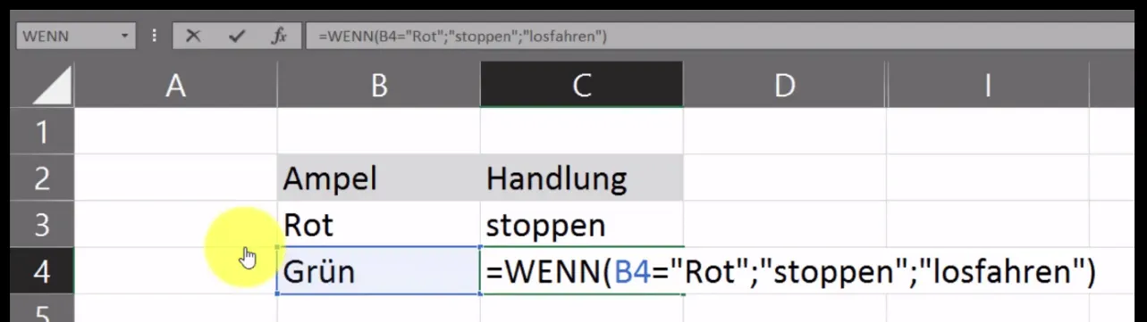 Excel WENN-DANN-SONST Formel in Zelle C4 angewendet auf Bedingung in B4 ('Grün')