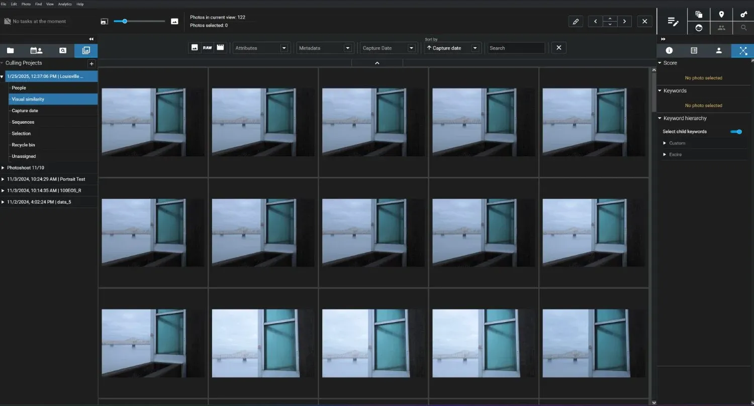 Excire Foto 2025 dedicated culling module showing a grid of visually similar images.