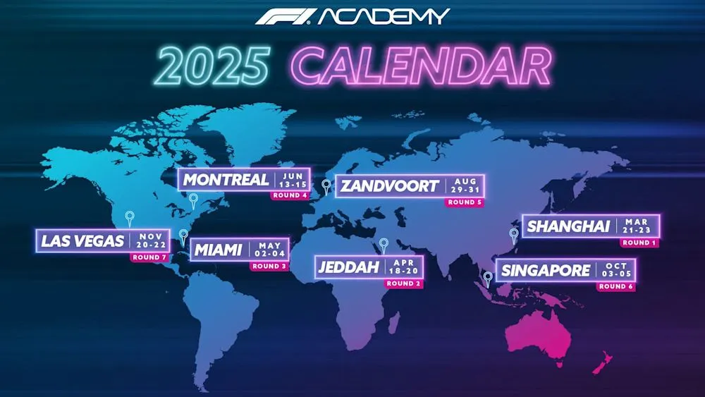 F1 ACADEMY Rennkalender 2025 Karte der globalen Strecken in Shanghai, Jeddah, Miami, Montreal, Zandvoort, Singapur und Las Vegas