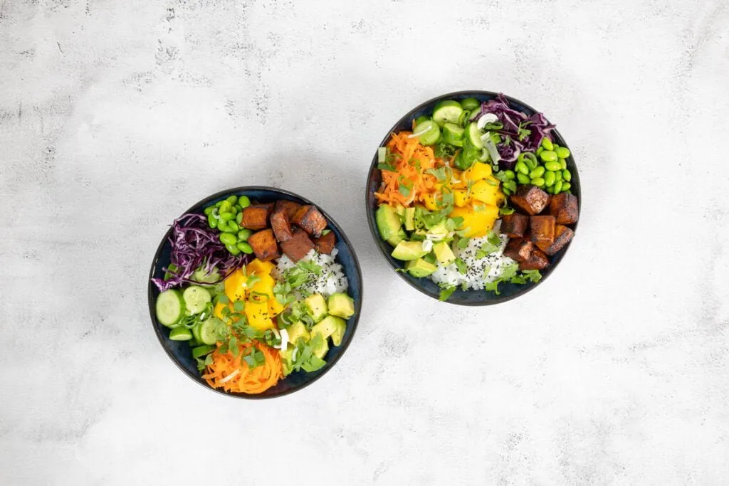 Farbenfrohe Reis-Bowl mit Tofu und vielfältigem Gemüse in einer Schale