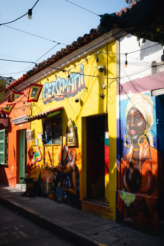 Farbige Hauswände mit Wandgemälden in einem Künstlerviertel