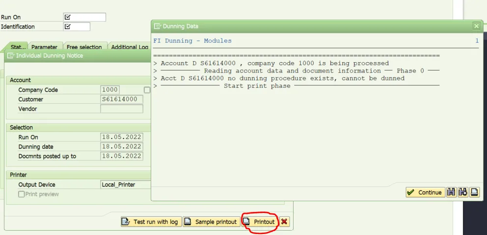 Fehlermeldung SAP F150: Popup &quot;Keine Ausgabe der Mahnliste&quot; nach dem Versuch, den Mahnlauf zu drucken
