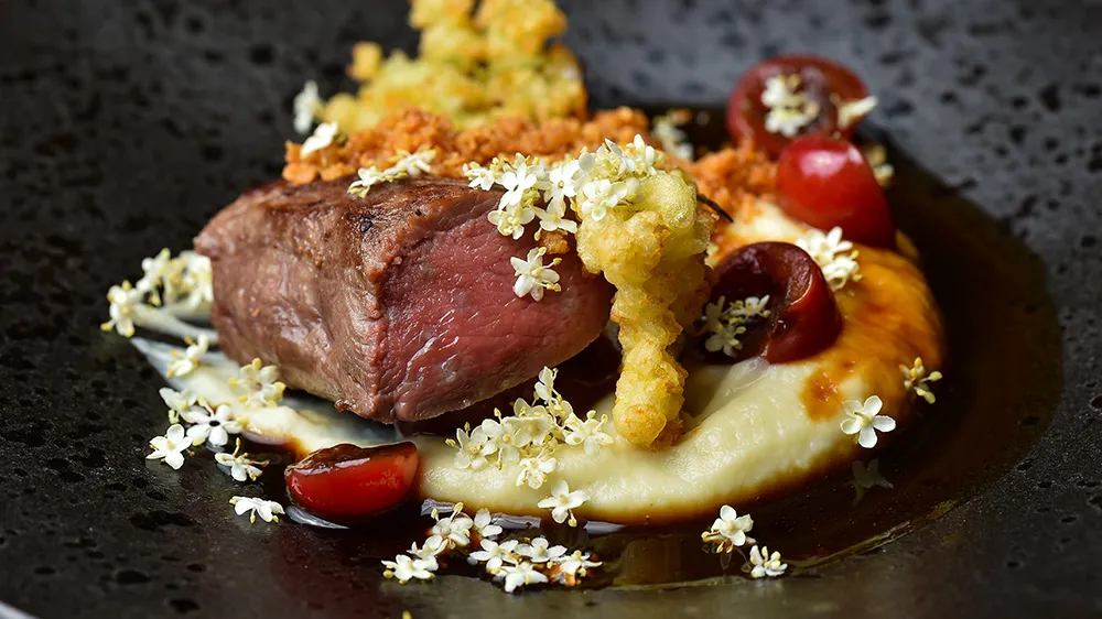 Feine Rehmedaillons mit cremiger Polenta und Schokoladensauce – ein elegantes Wildgericht.