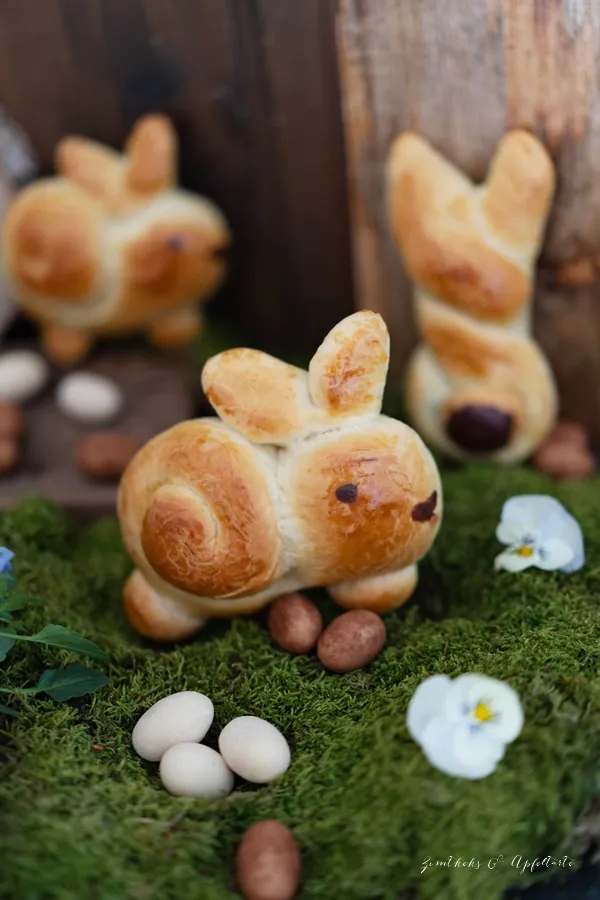 Fertig gebackene, liebevoll dekorierte Hefeteig Hasen, die zum Anbeißen aussehen.