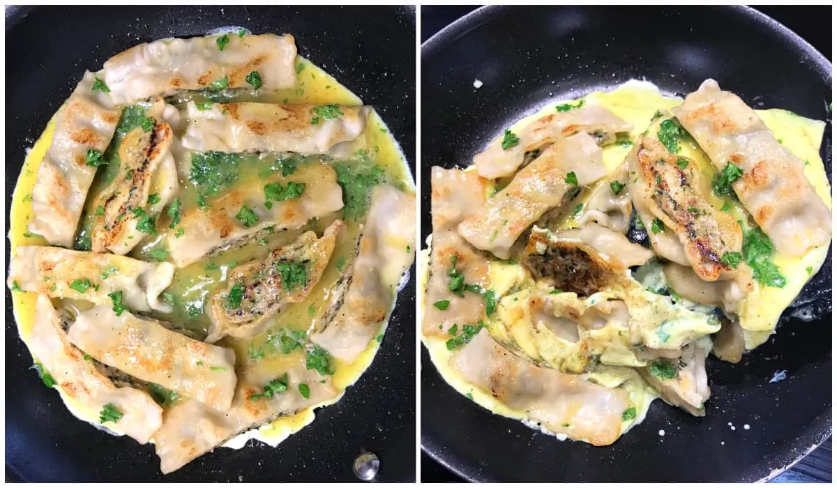 Fertig gebratene Maultaschen mit Ei und Kräutern auf einem Teller