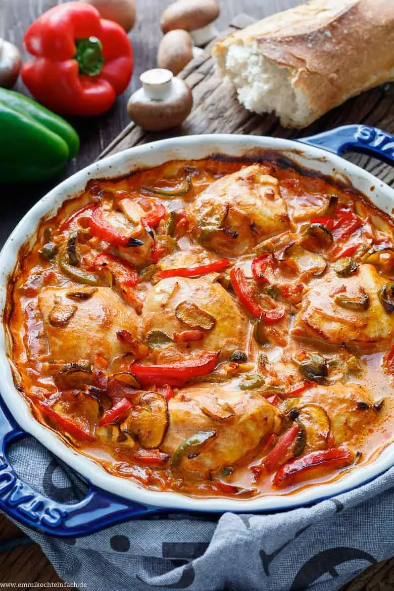 Fertig gegartes Hähnchenbrustgericht in der Auflaufform