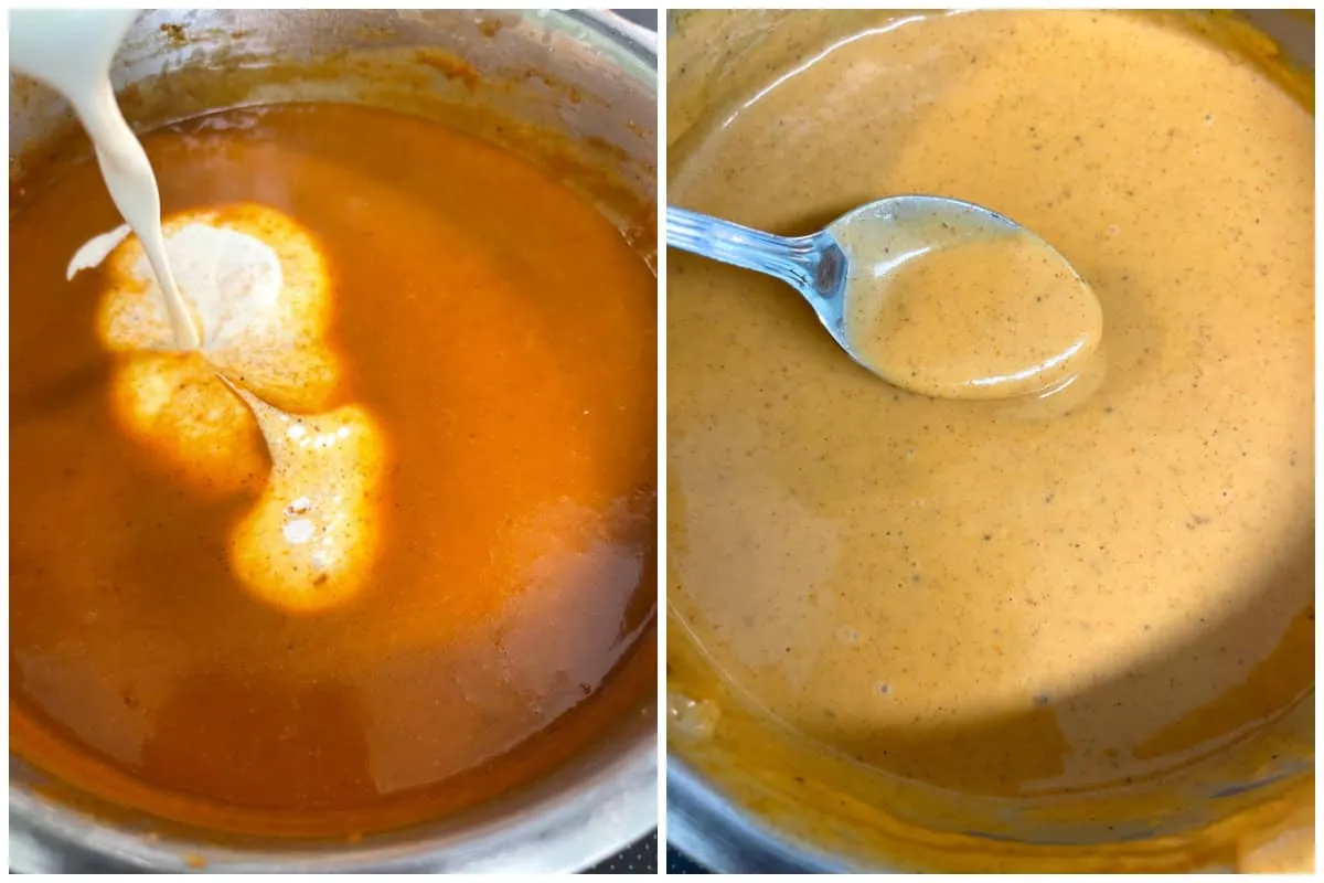 Fertige Rahmsoße in einem Topf, frisch zubereitet und bereit zum Servieren