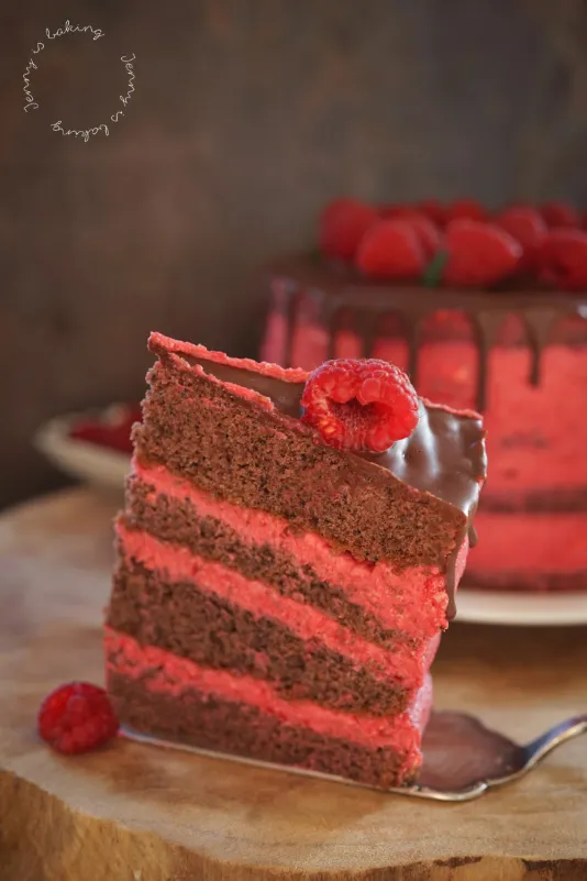 Fertige Schoko-Torte reich verziert mit Himbeeren