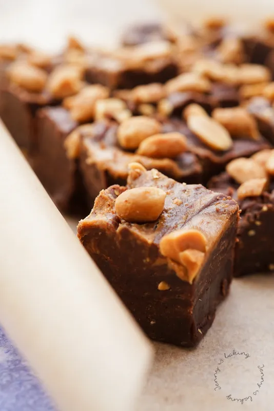 Fertige Stücke Erdnussbutter-Fudge mit salzigen Erdnüssen, bereit zum Verschenken