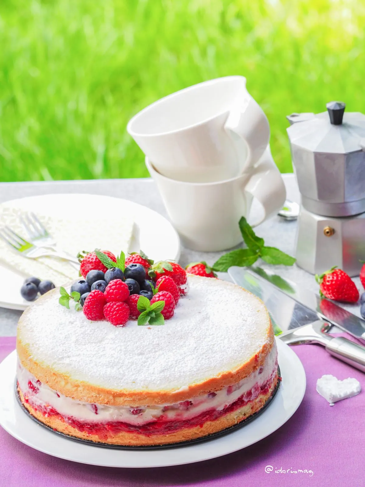 Fertige vegane Erdbeer-Biskuit-Torte mit Puderzucker bestreut, bereit zum Servieren