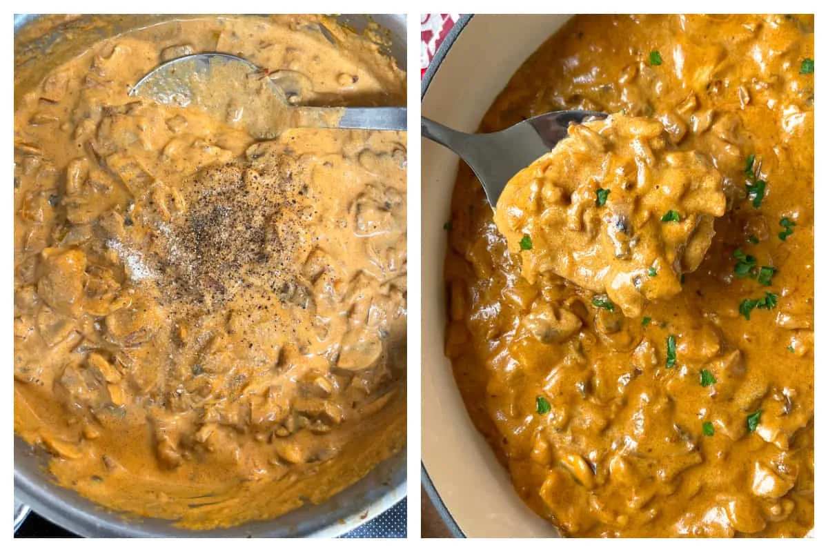 Fertiges Geschnetzeltes mit Pilzrahmsoße servierbereit