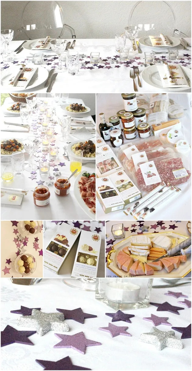 Festlich gedeckter Tisch mit lila und silbernen Akzenten, bereit für ein deutsches Menü mit Freunden