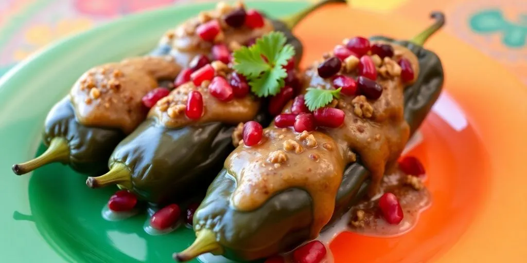Festliche Chiles en nogada, gefüllt und übergossen mit cremiger Walnusssauce, garniert mit Granatapfelkernen und Petersilie – eine traditionelle mexikanische Vorspeise.