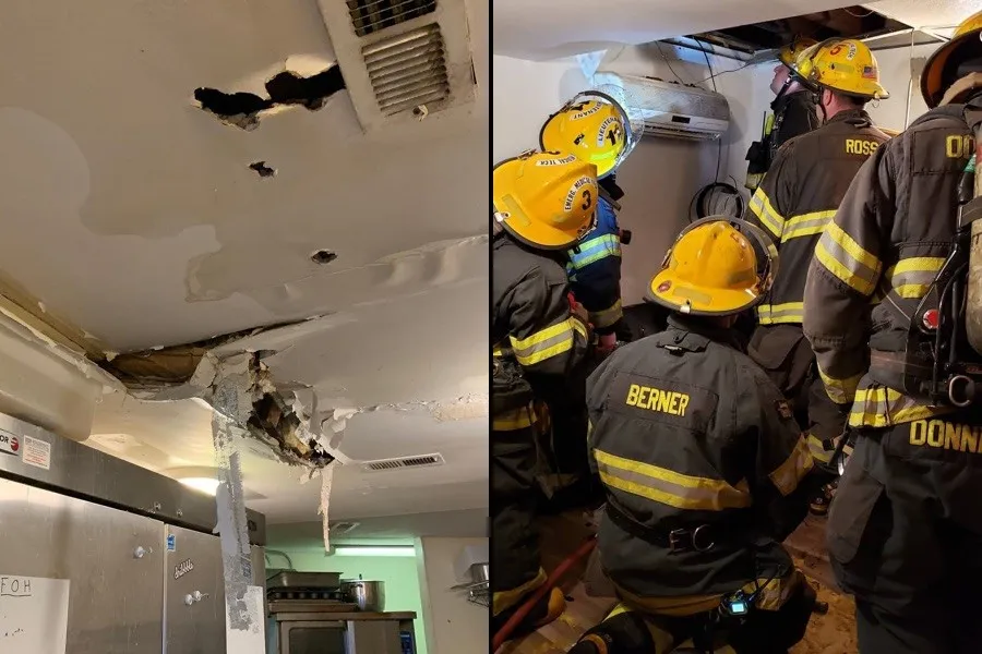 Feuerwehr inspiziert die schwelenden Überreste der Angelo's Pizzeria