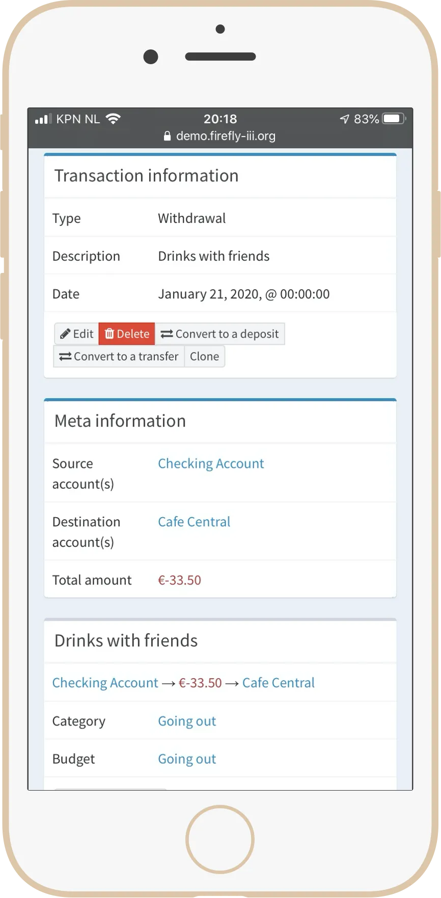 Firefly III auf einem iPhone zeigt mobile Finanzverwaltung