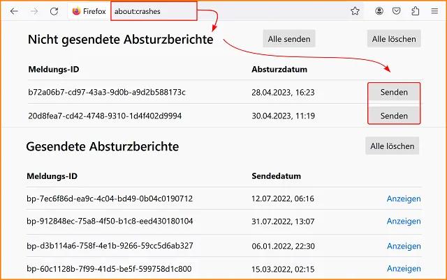 Firefox about:crashes Seite mit einer Liste gesendeter Absturzberichte und ihren IDs